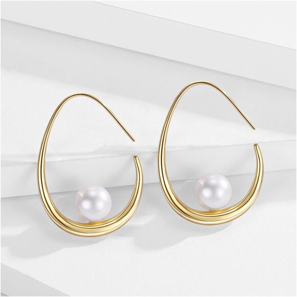 ✨Funfmm Women Gold Plated Lightweight Pearl Trendy Teardrop Hoop Earring Jewelry - Picture 3 of 7